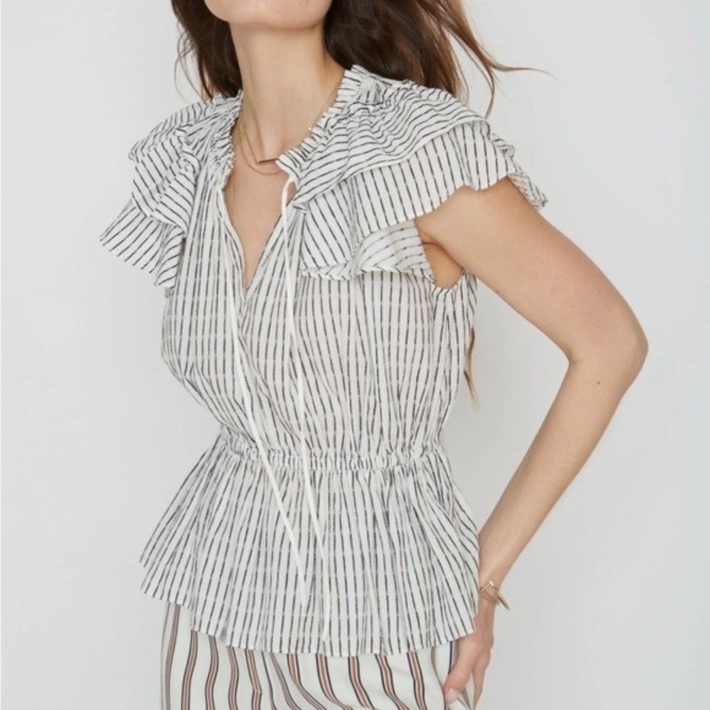 Caballero Harper Top Peplum Striped Ruffle Sleeve Tie‎ Neck White Black Size S